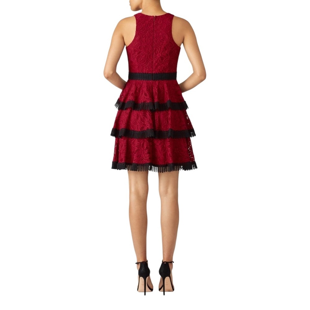 Aidan Mattox Lace Tiered Dress Size 8 Ruffled Lace A Line Burgundy Red Black - Picture 3 of 7